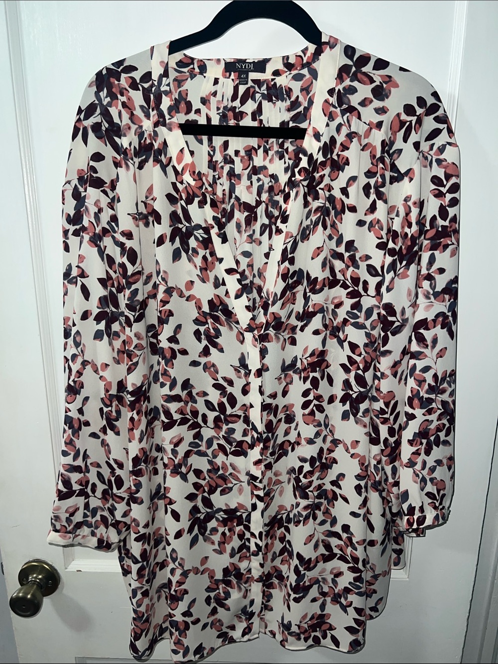 NYDJ Cream Floral-Leaf Button Front Tunic in Pink and Brown